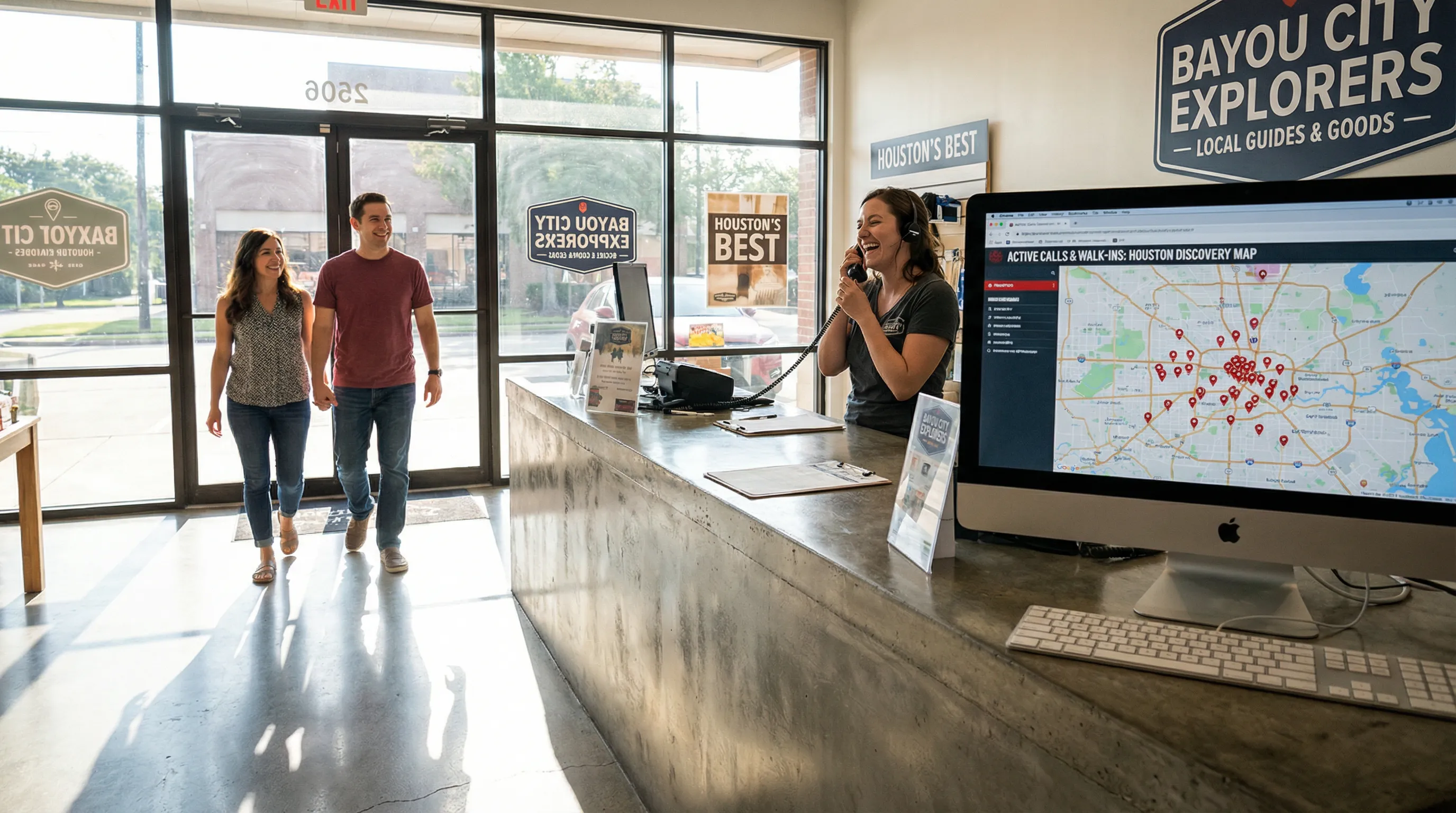 Houston storefront where an employee answers a phone call as customers walk in, with a computer screen showing a local map interface in the background.