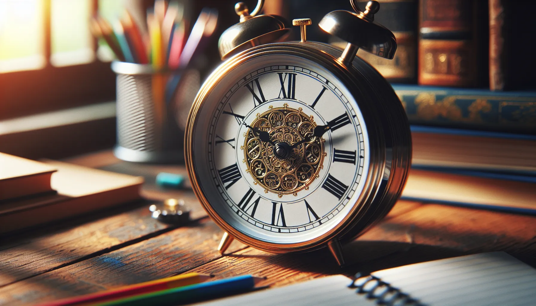 An analog clock on a desk showing 2:15 with learning materials around.