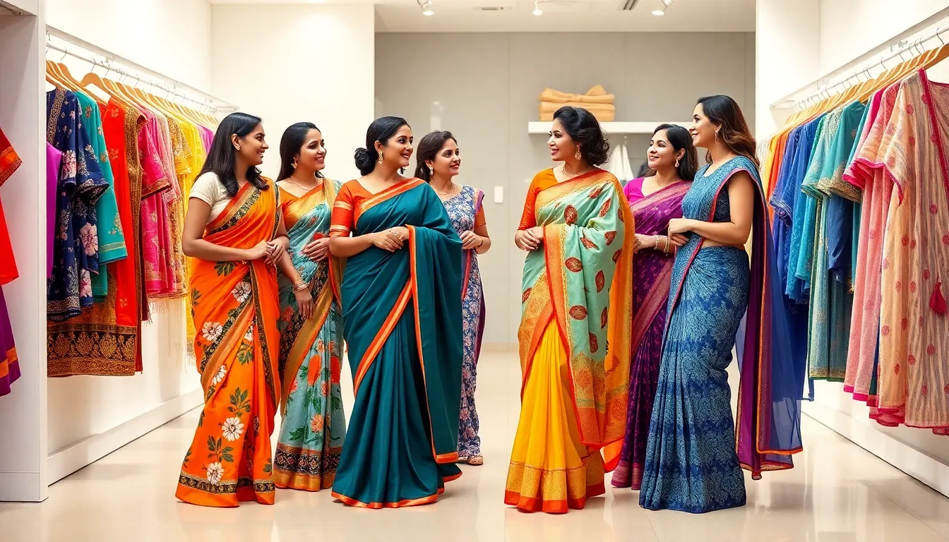 Diverse women showcasing bold modern sarees in a stylish boutique.