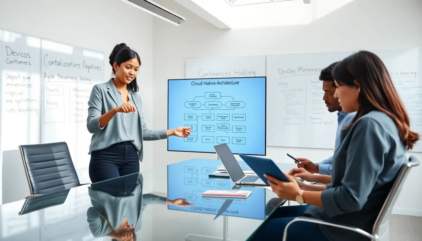 diverse team discussing cloud native architecture in a modern office.