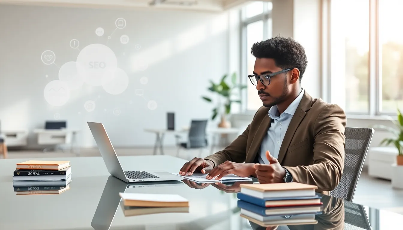 SEO copywriter analyzing keywords in a modern office.