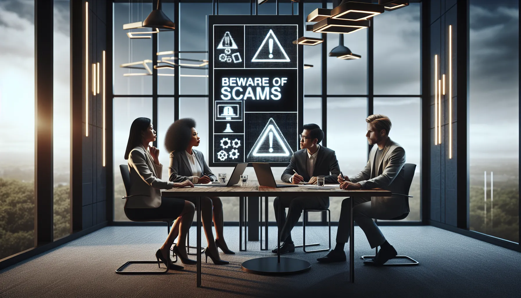 diverse team discussing scam risks in a modern office.