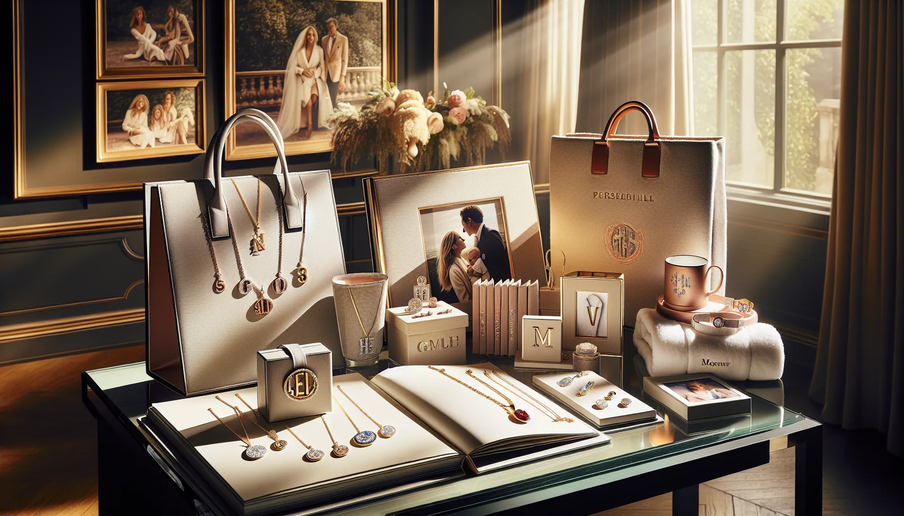 variety of personalized Mother's Day gifts on a stylish table.