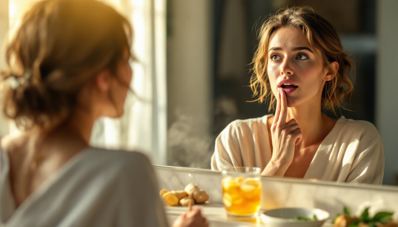 A woman checking her tongue in a mirror beside warm ginger water and honey.