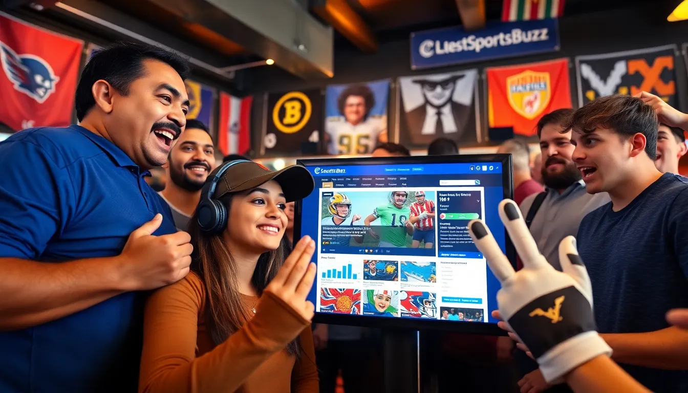 fans excitedly viewing sports news about football and golf on a screen.