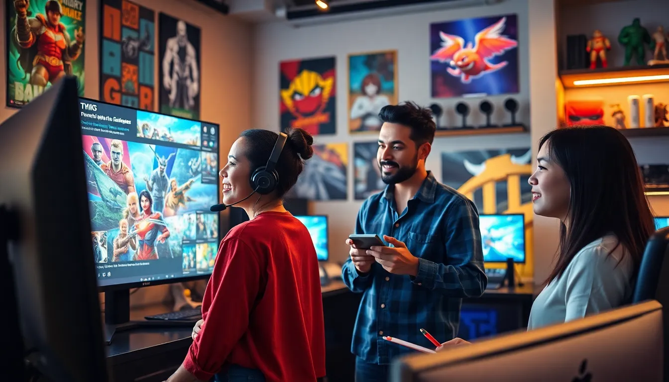 game developers collaborating in a modern gaming studio.