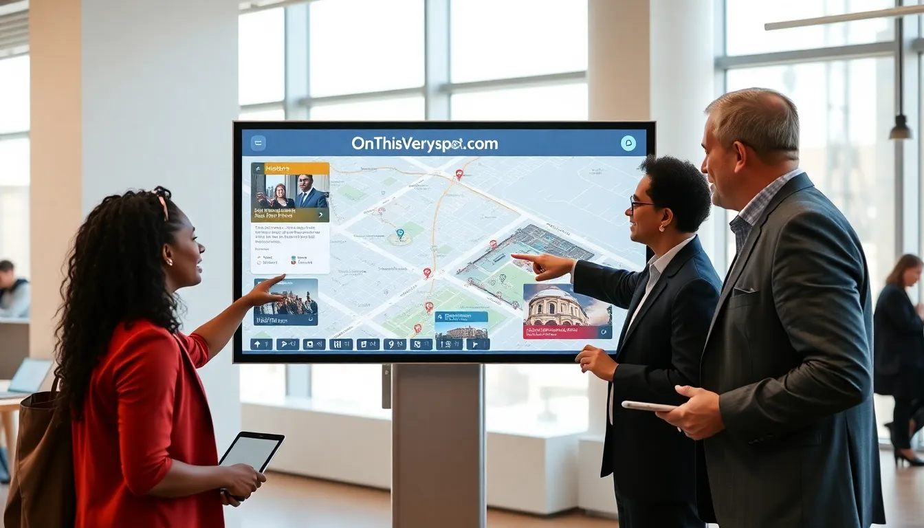 diverse group exploring OnThisVerySpot.com in a modern tech hub.