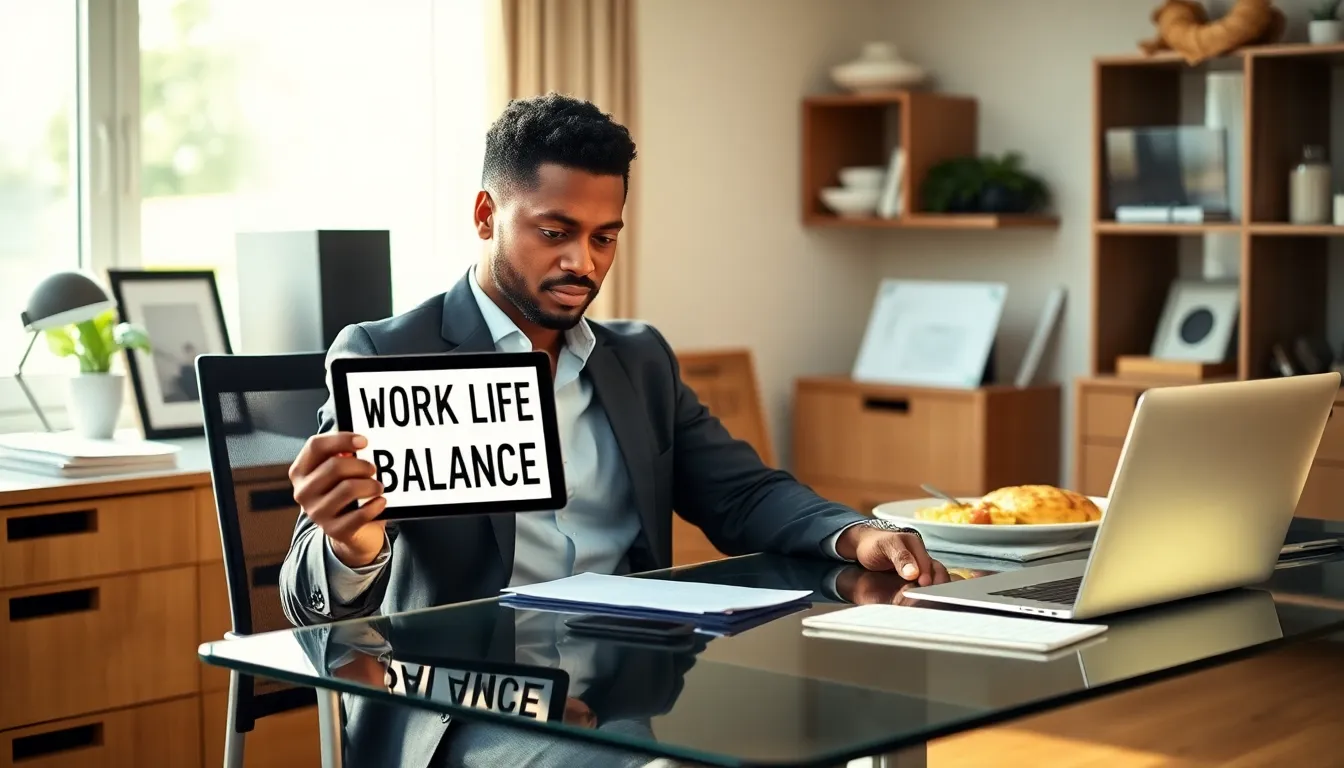 individual in a modern home office reflecting on work-life balance.