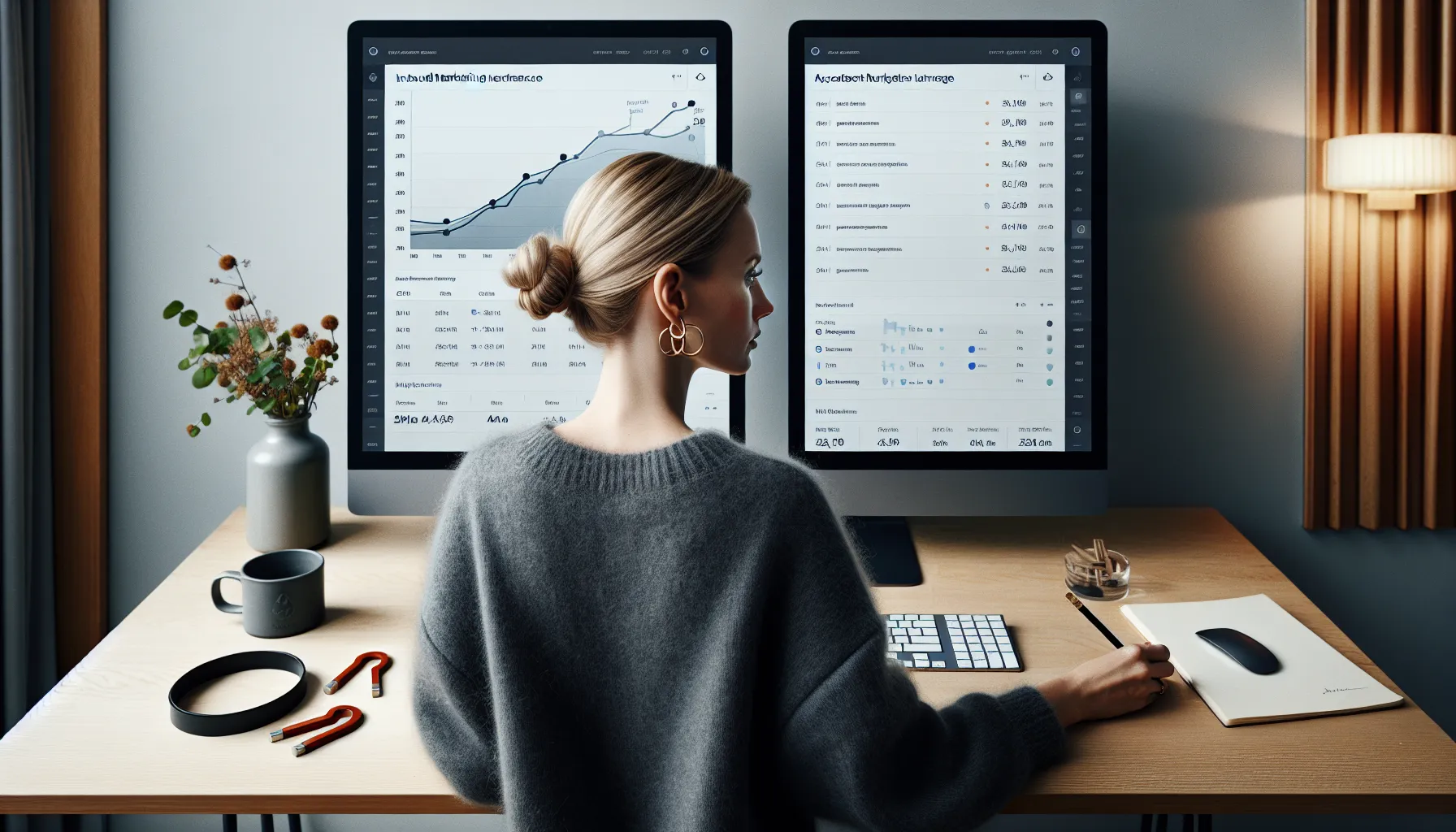 Norwegian marketer comparing inbound and abm dashboards in an oslo office.