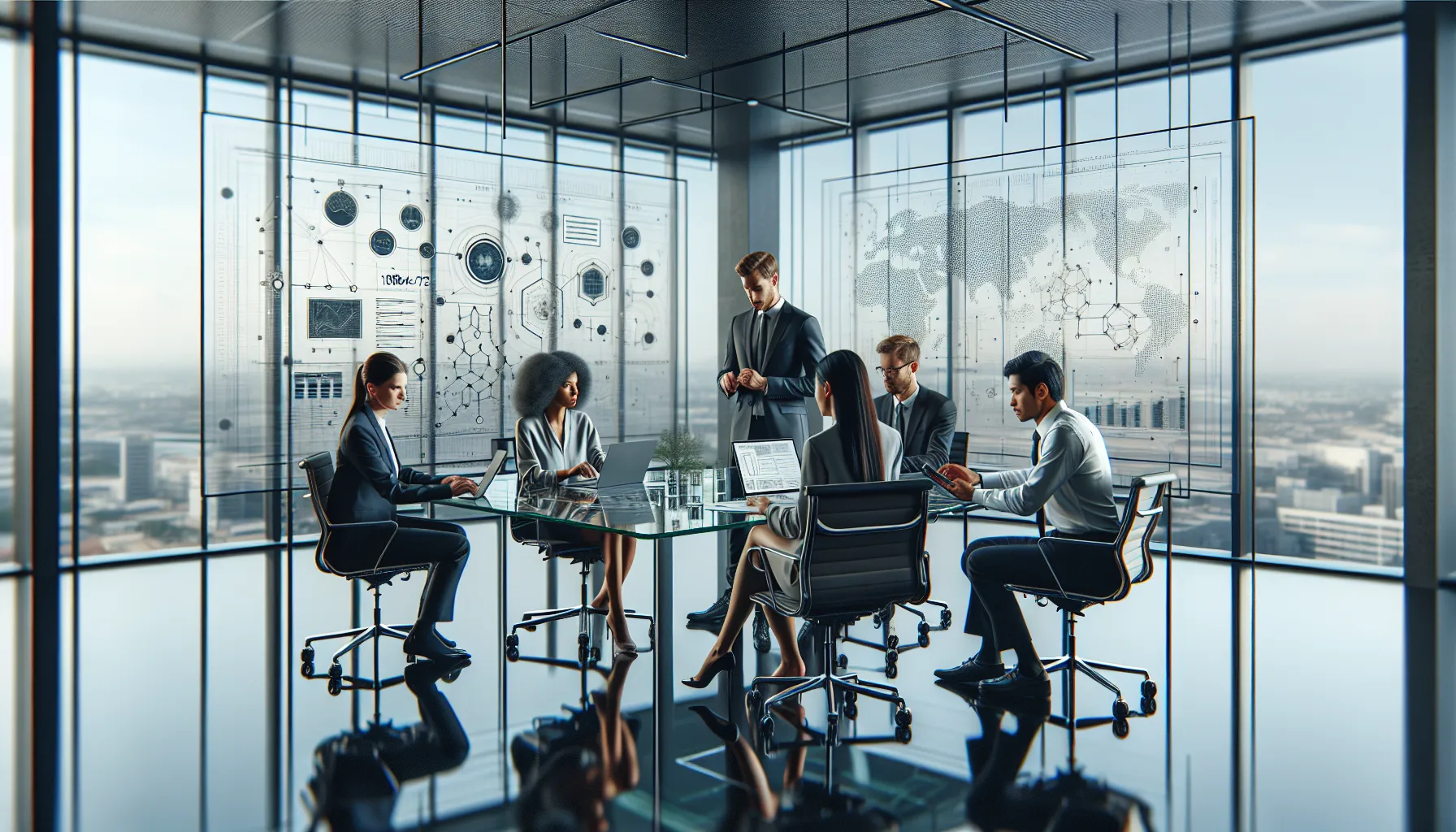 Professionals discussing technology in a modern office setting.