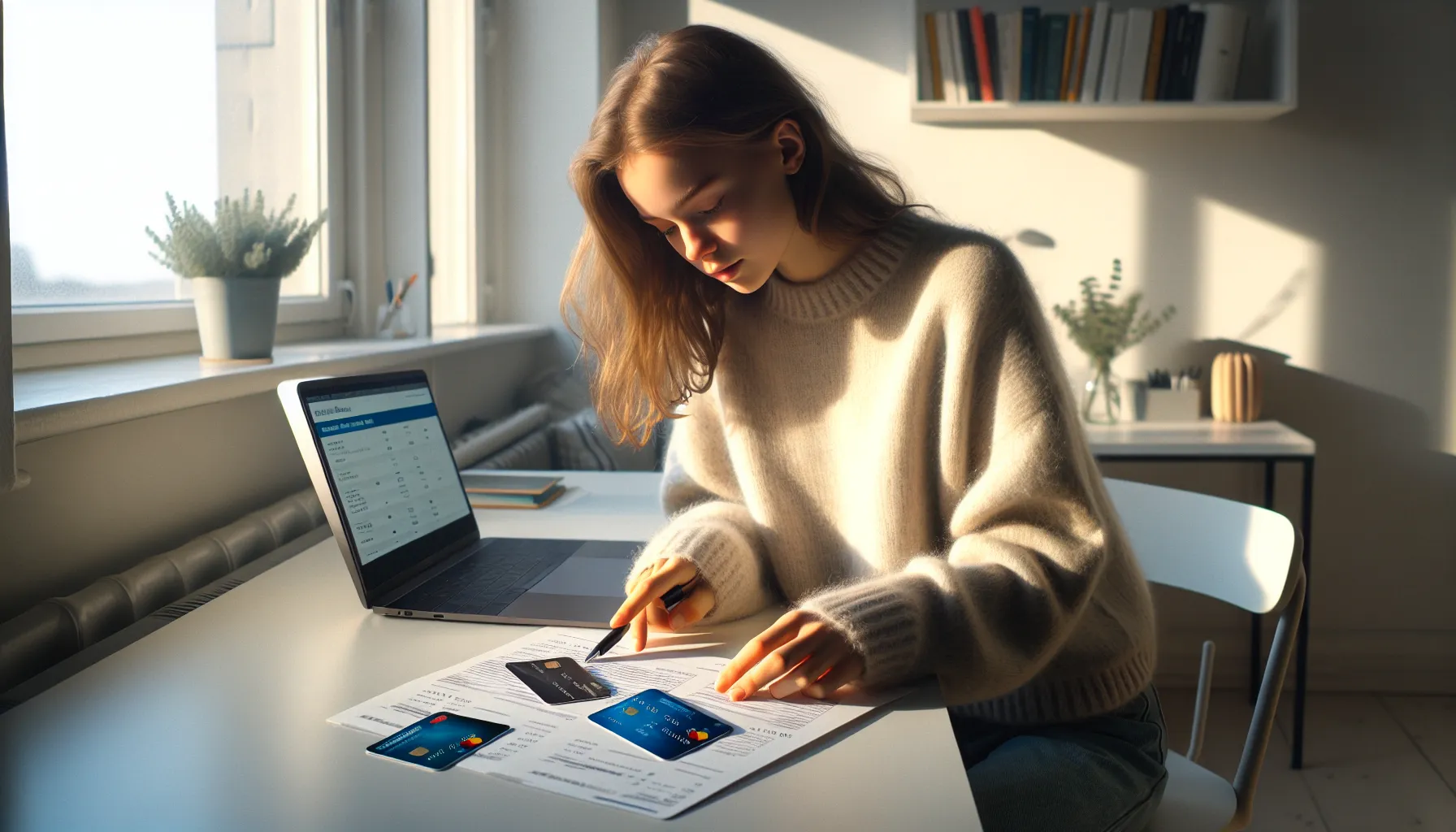 Kredittkort for studenter i norge – hva bør du vite? 2 Norwegian student comparing credit card and bank card with bills at her desk.