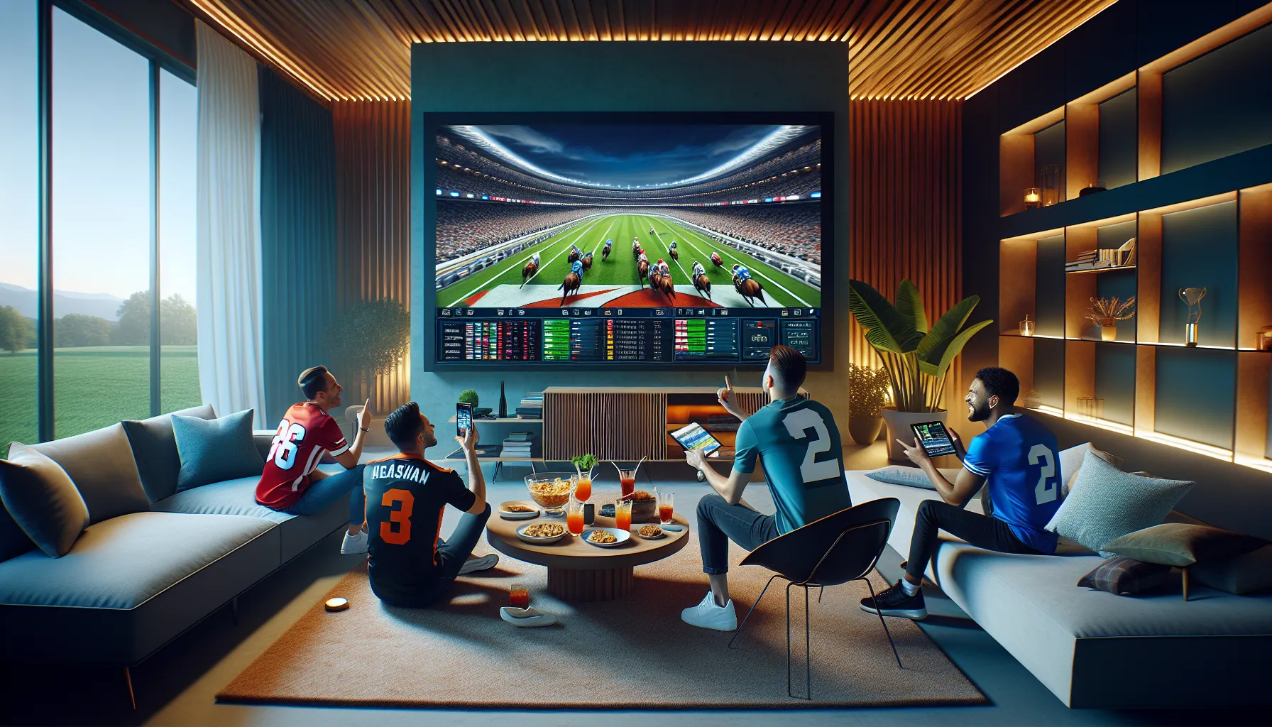 diverse fans enjoying a live sports race in a modern living room.