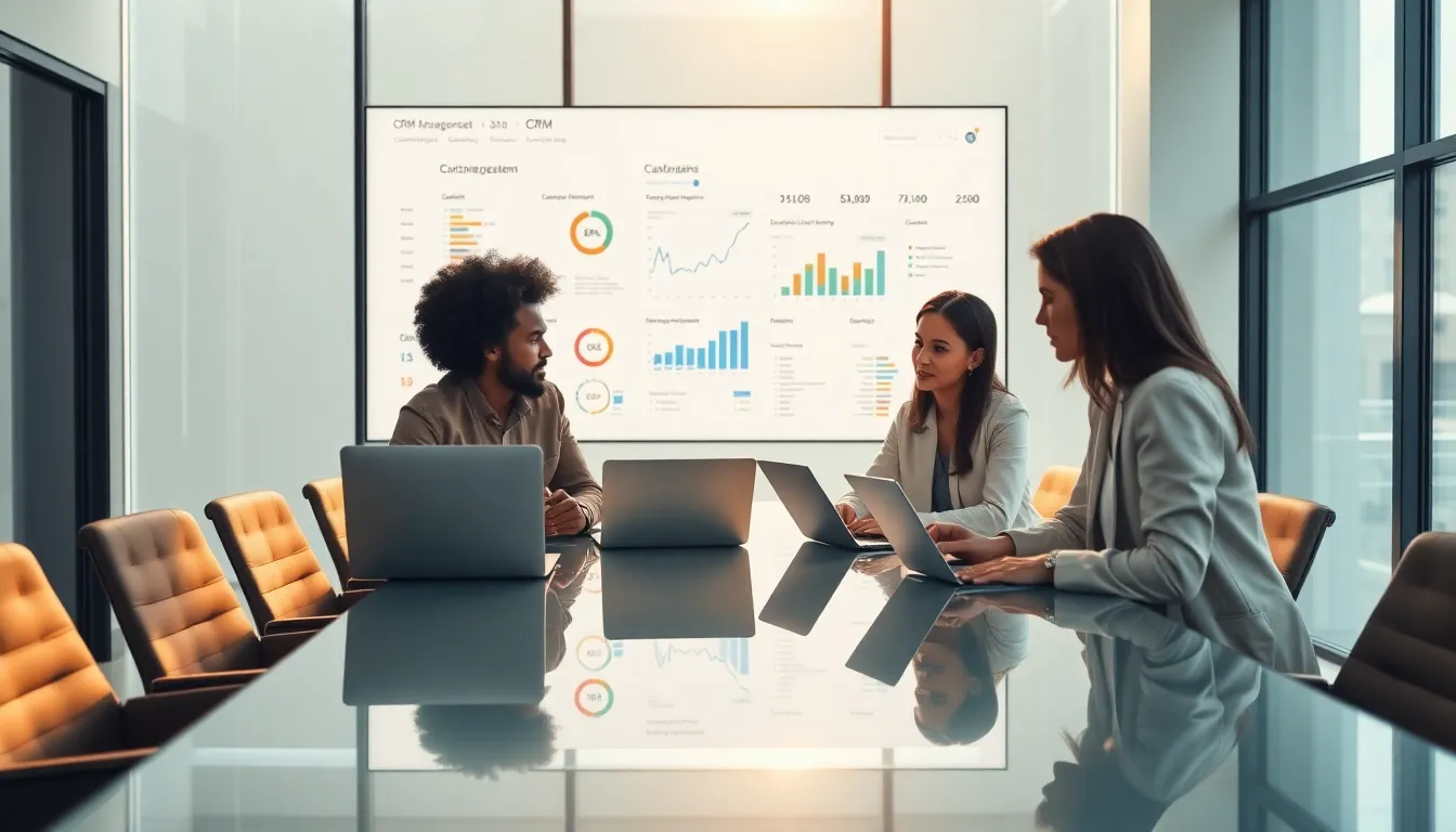 diverse team collaborating on a CRM database in a modern office.