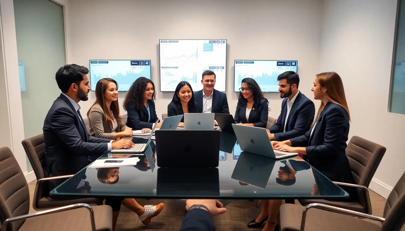 diverse team collaborating in a modern office on digital marketing strategies.