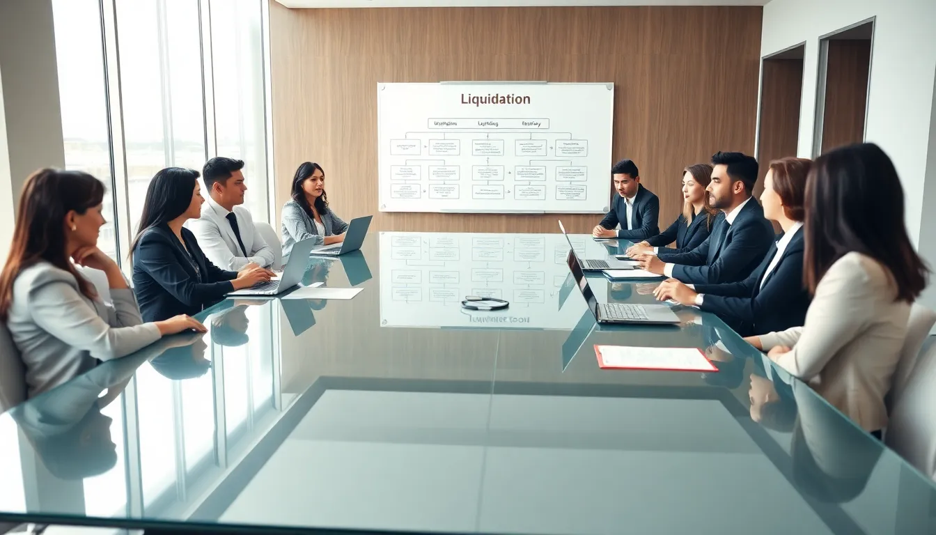 diverse professionals discussing liquidation in a modern conference room.