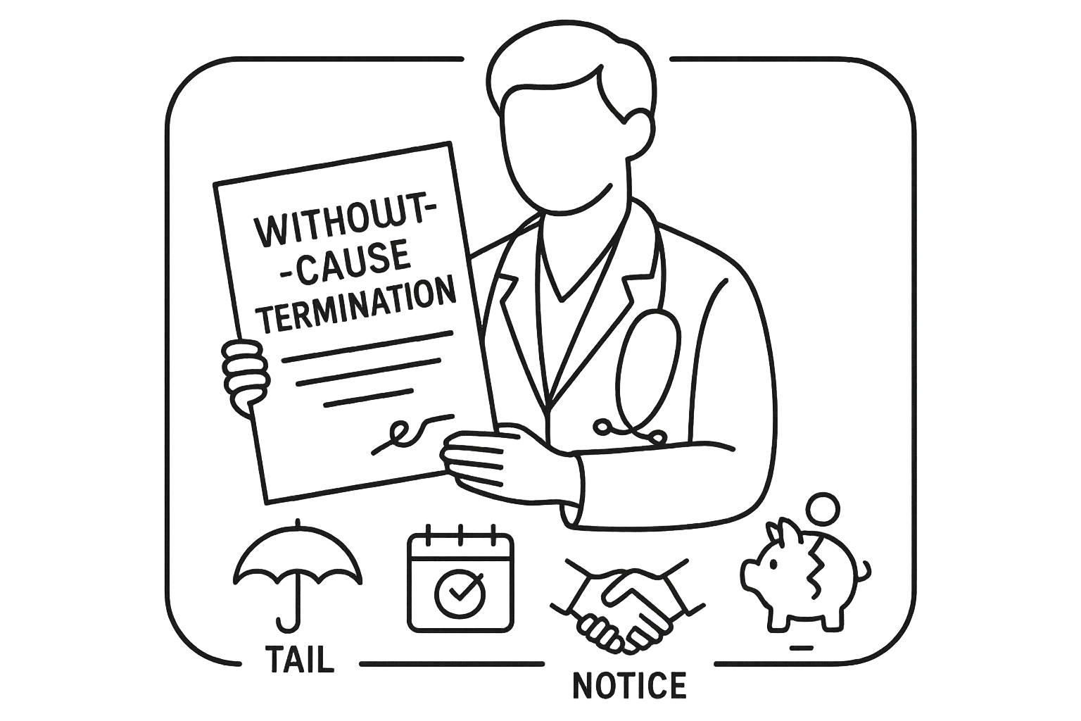 Veterinarian holding contract labeled without-cause termination and small risk icons.