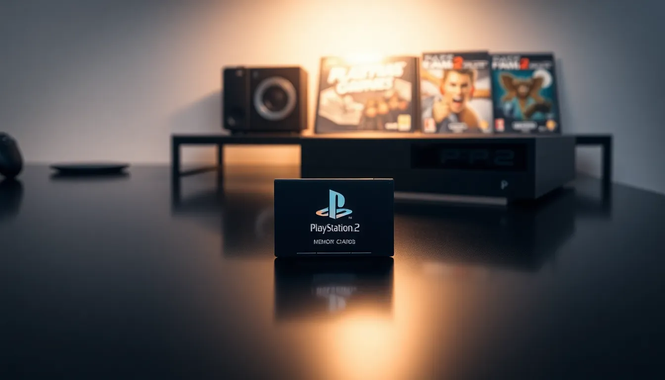 PlayStation 2 memory card on a sleek black gaming table.