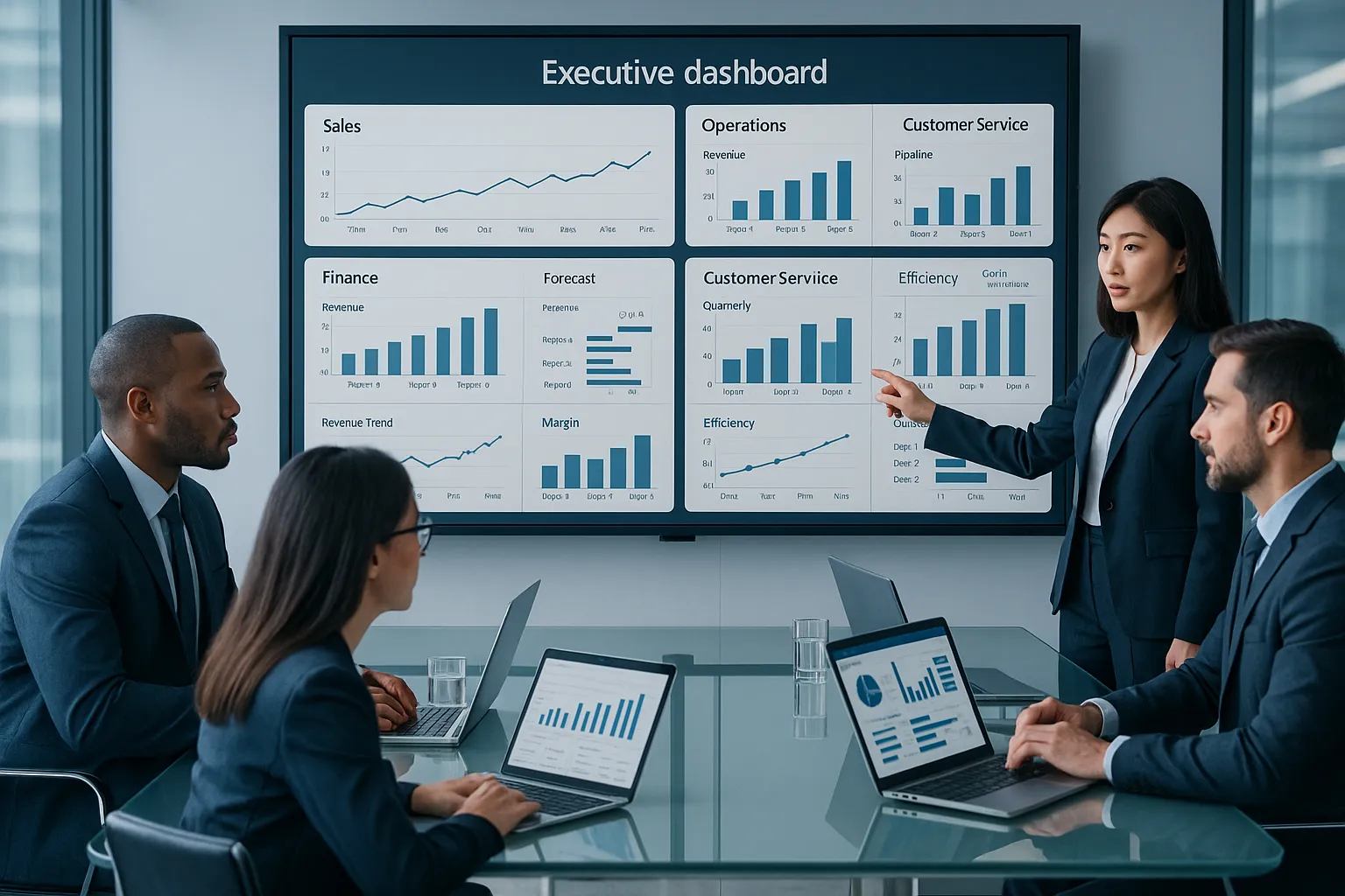 Executives reviewing KPI dashboards for multiple departments in a modern office.