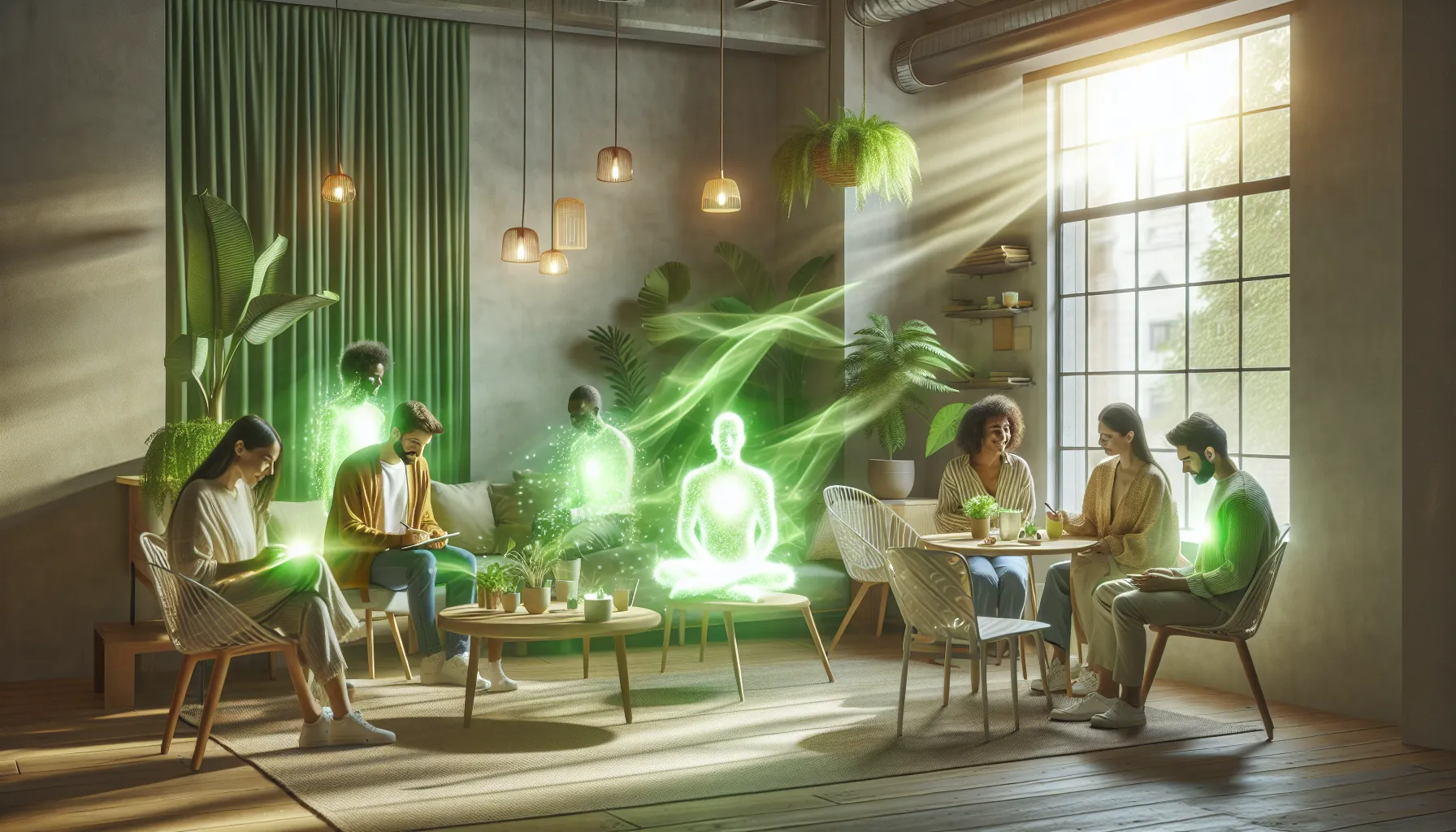 diverse group radiating emerald auras in a modern creative space.