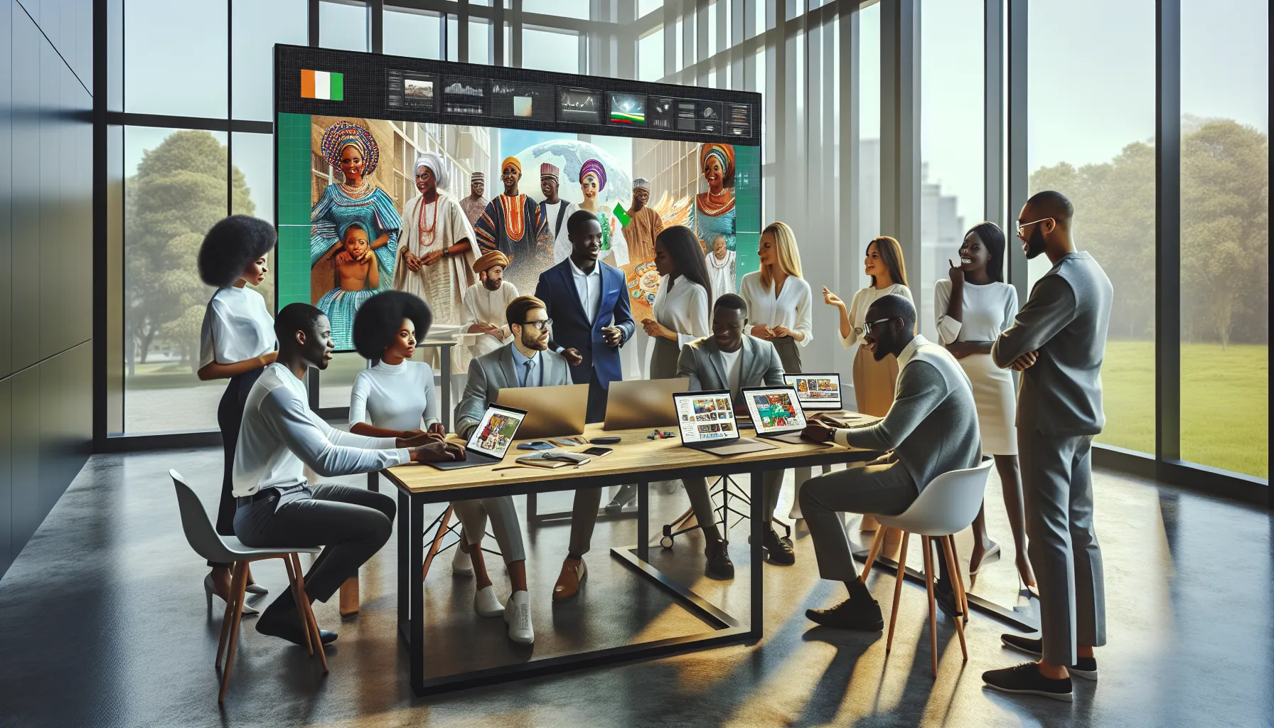 diverse team collaborating on Hausa cultural content in a modern office.