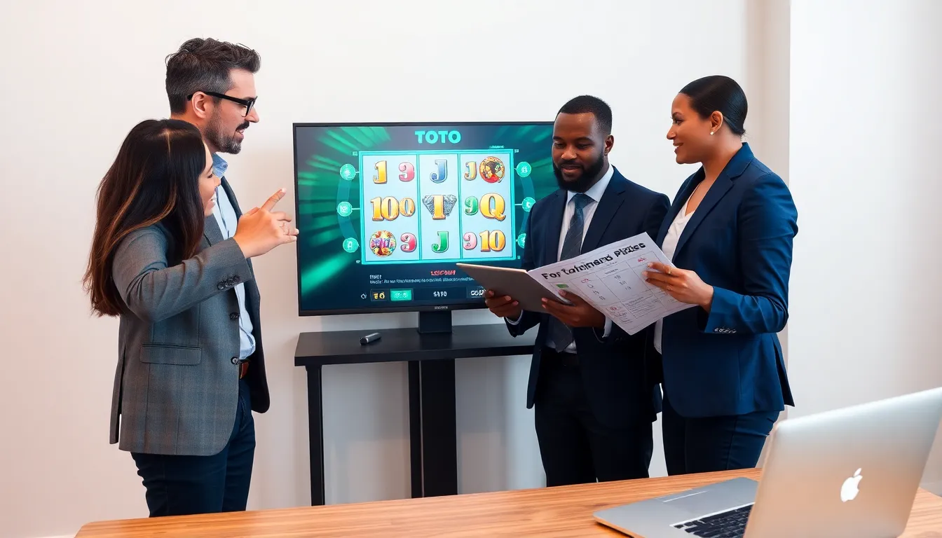 diverse team analyzing Toto slot game on a digital screen.