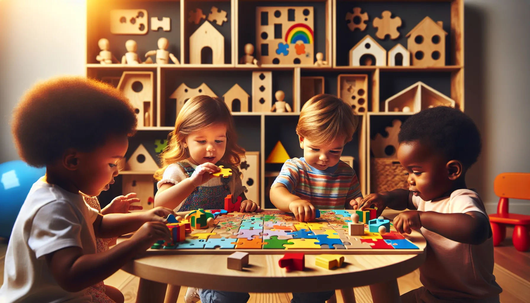 toddlers playing with different types of puzzles in a bright playroom.