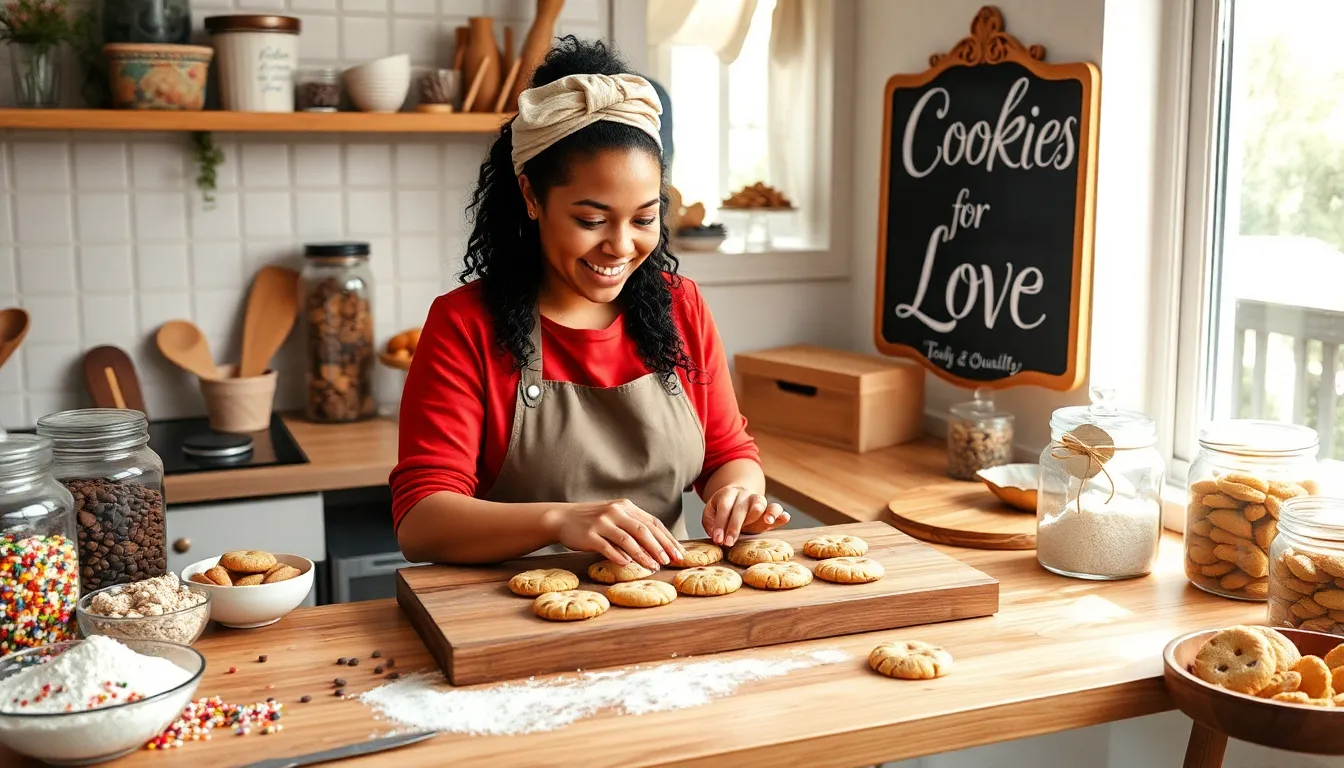 baker creating cookies in a cozy kitchen setting.