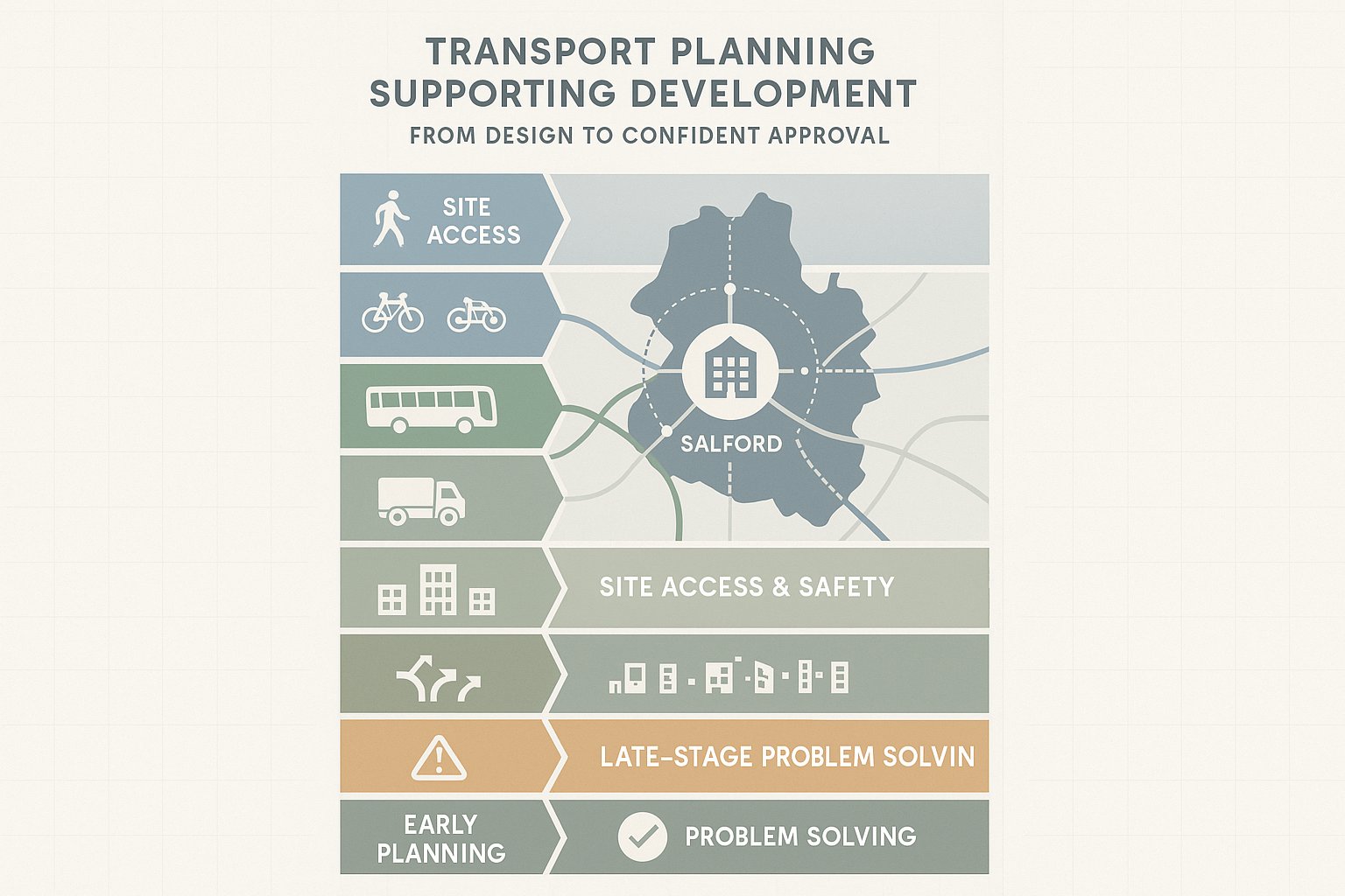 Infographic showing how transport planning shapes development decisions in Salford.