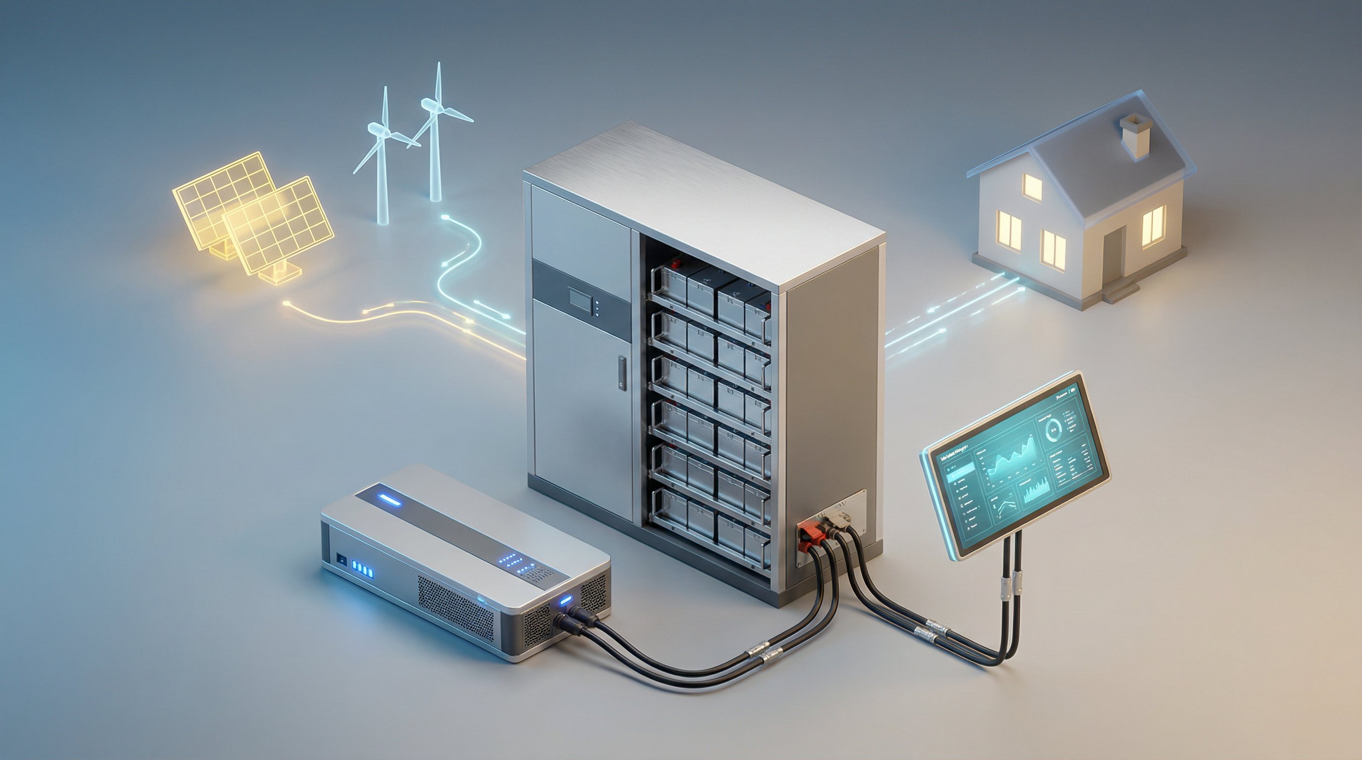 3D render of a Battery Energy Storage System with components and energy flow visualization.