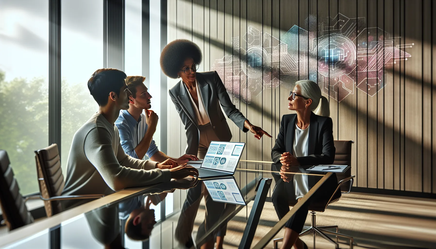 professionals discussing technology solutions in a modern office.