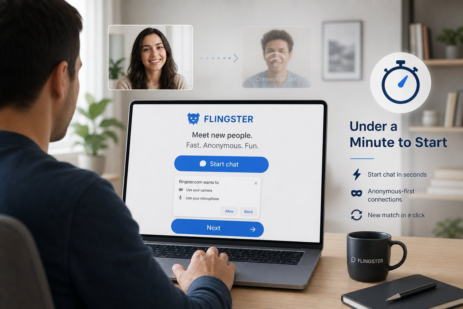 Person starting an anonymous video chat with a prominent Next button interface.