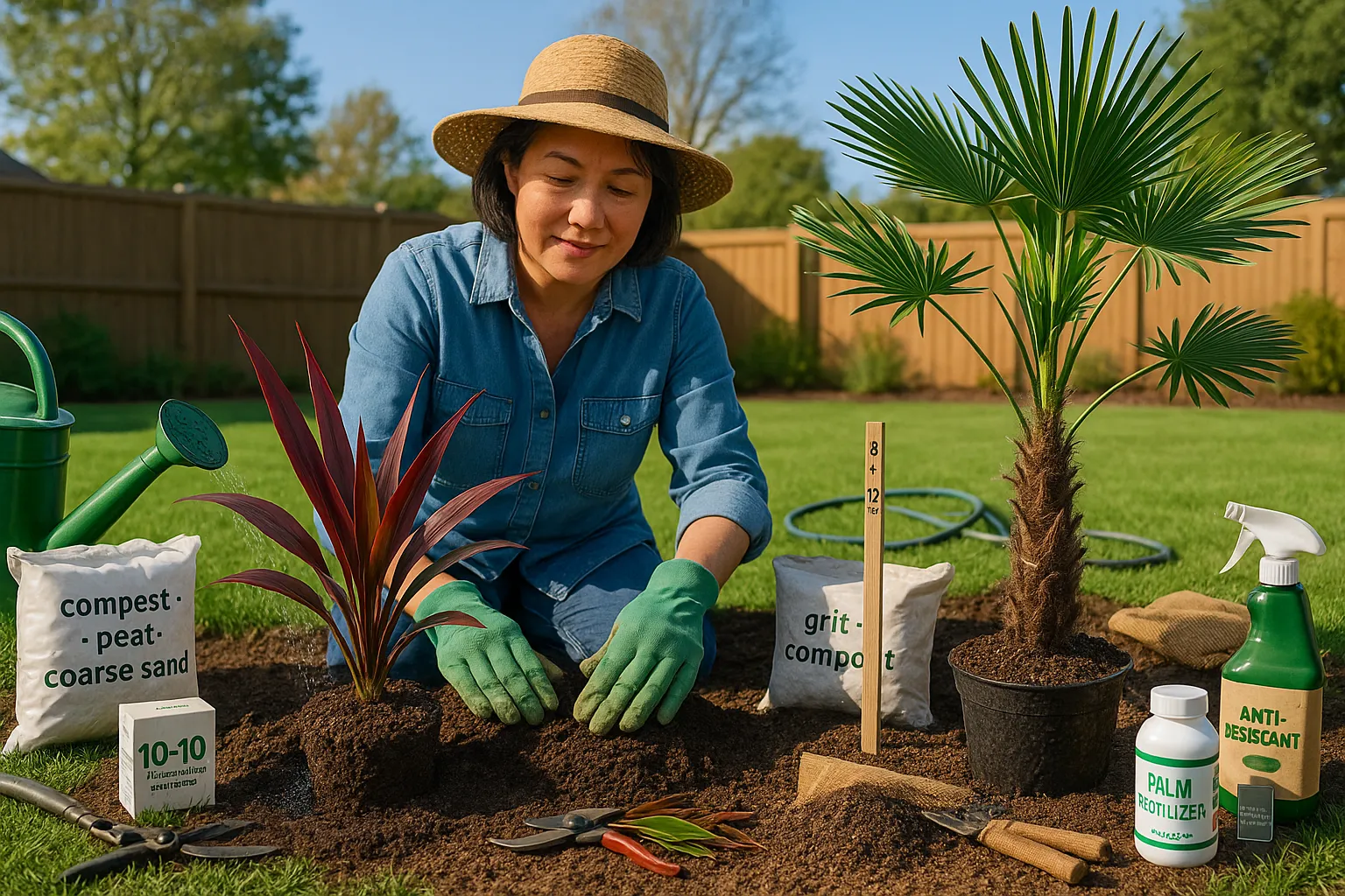Gardener planting a Cordyline and Trachycarpus side-by-side with tools.