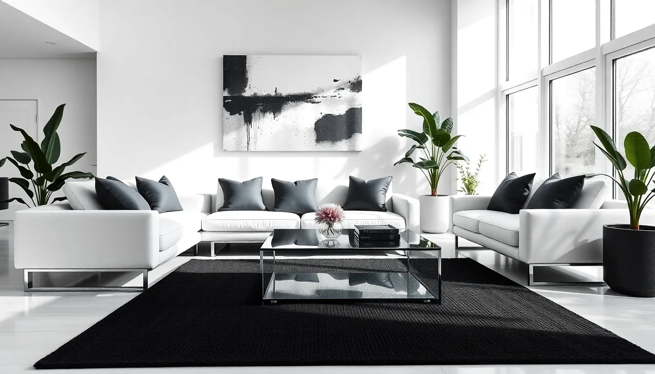 elegant black and white living room with modern furnishings.