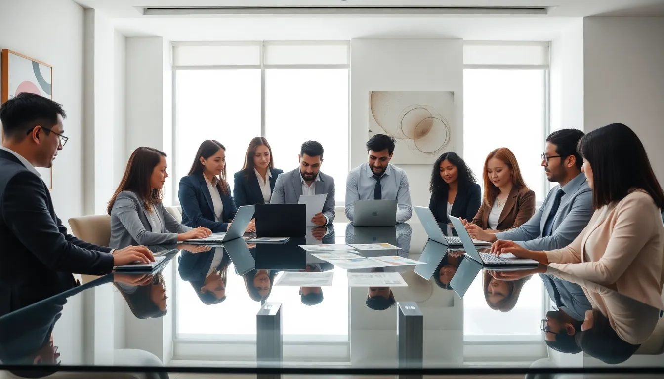 diverse professionals collaborating in a modern office setting.