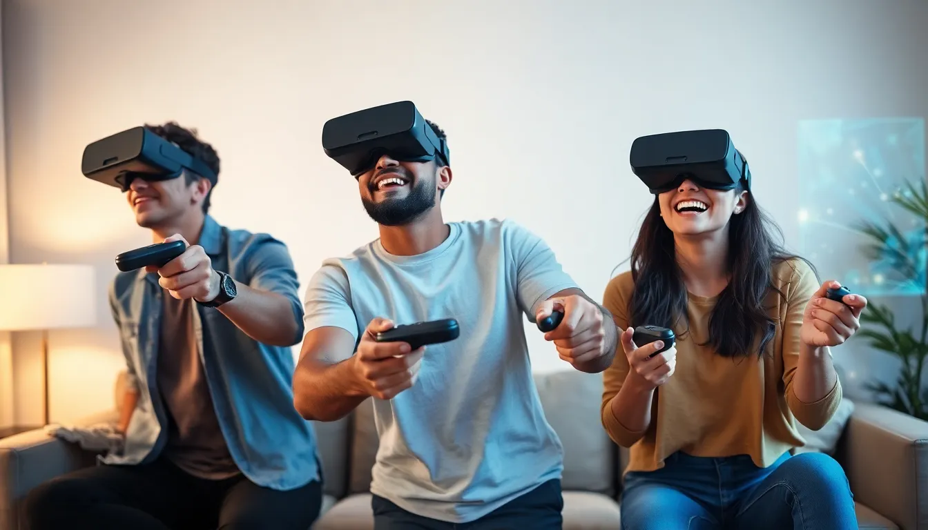 diverse friends enjoying free VR games in a modern living room.