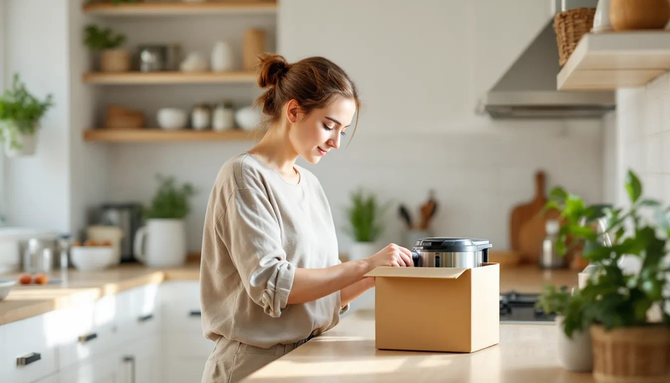Woman calmly decluttering a bright, clean kitchen into a donation box.