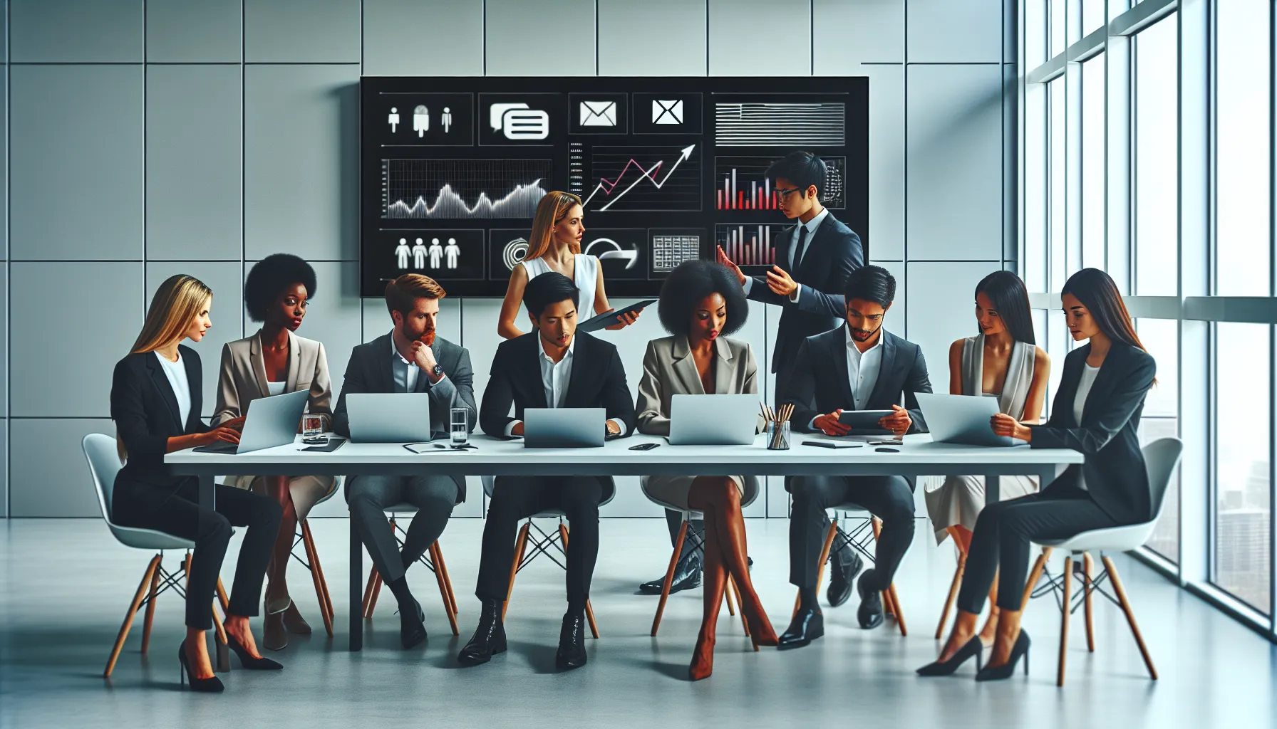 professionals analyzing streaming services in a modern office.