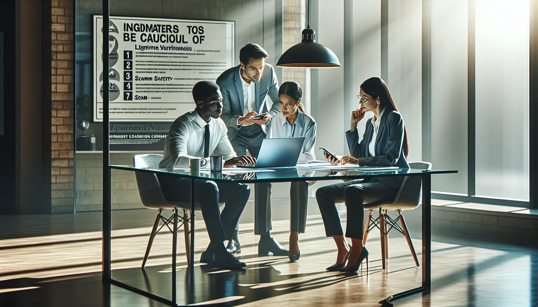 diverse team discussing safety and scam awareness in a modern office.