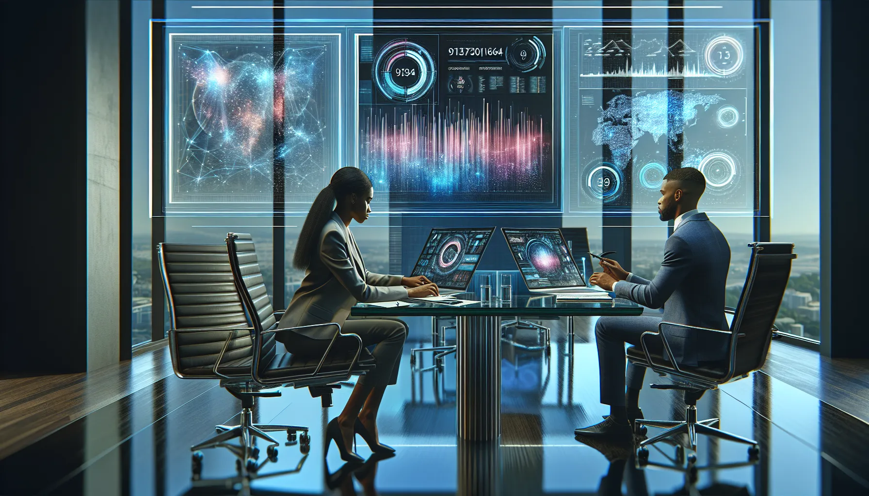 professionals collaborating in a modern office with digital displays.