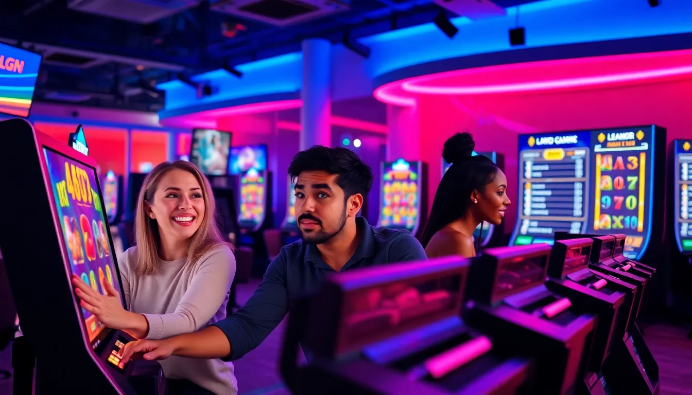 three players engaging with a vibrant online slot game in a gaming lounge.