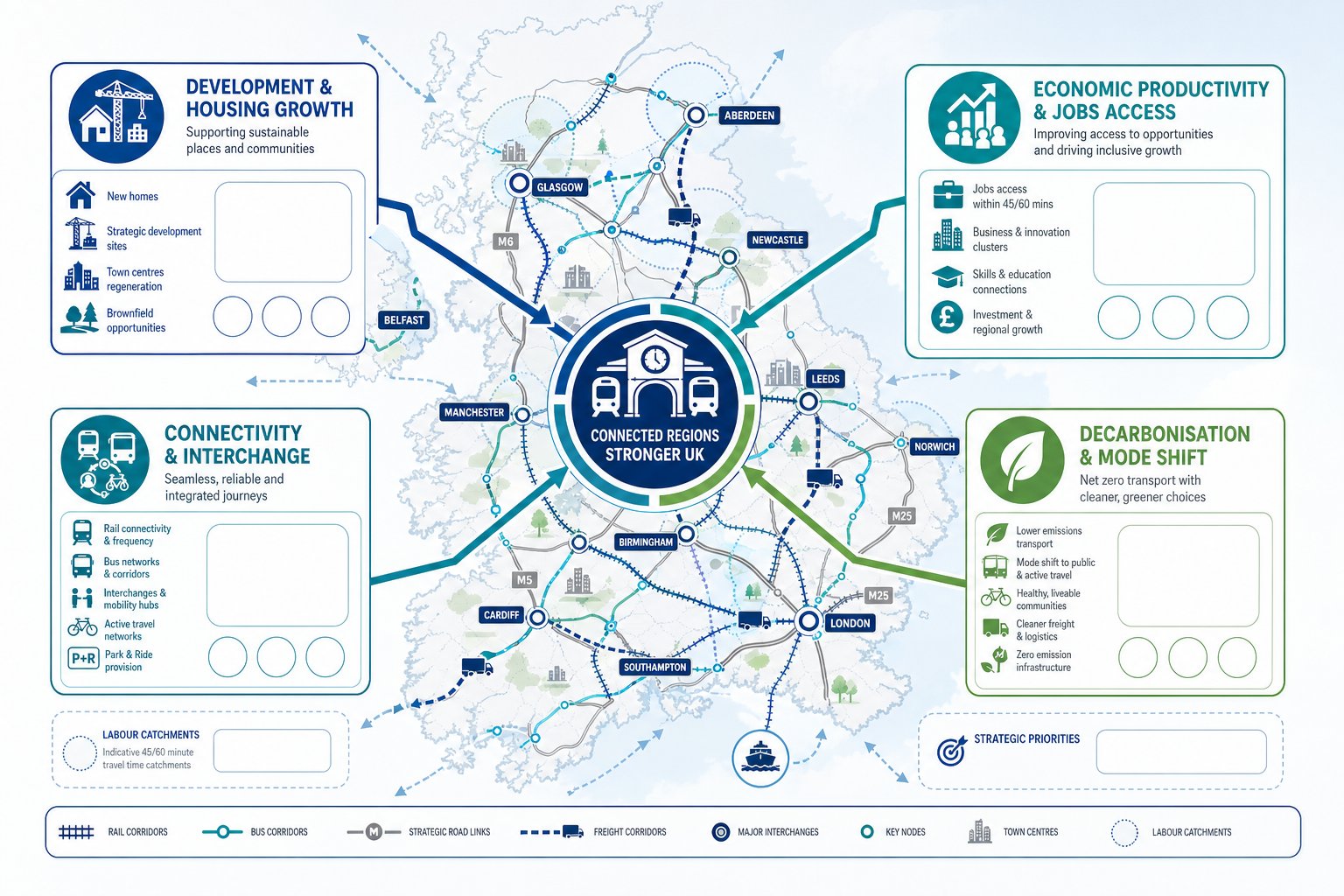 UK transport network infographic linking growth, jobs, connectivity, and decarbonisation.