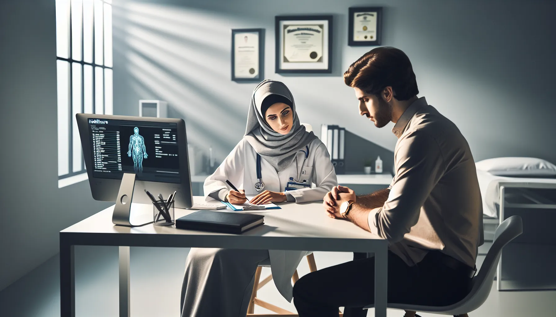 Doctor consulting with patient while completing medical leave documentation in modern office.