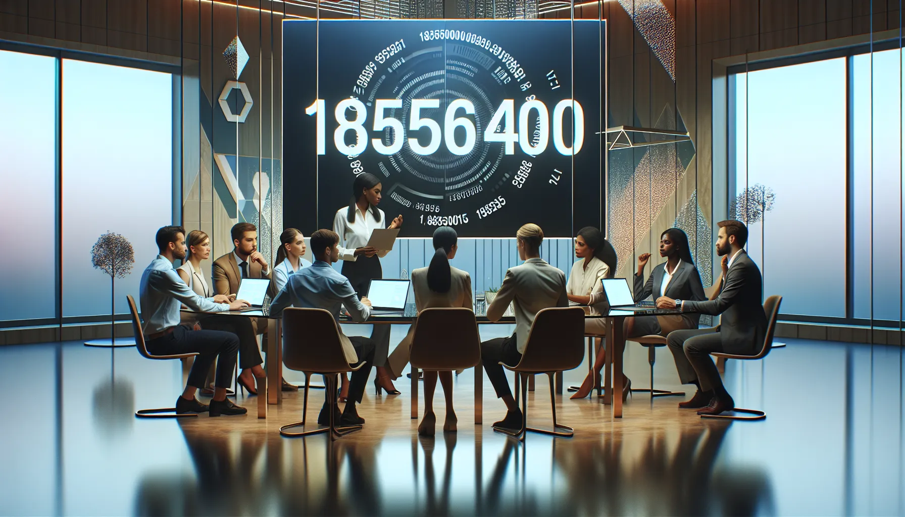 professionals discussing the significance of the number 18555601400 in an office.