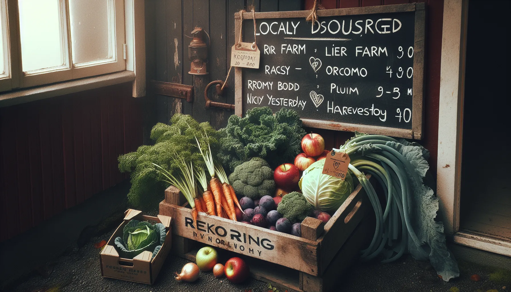 Local norwegian produce with a “kortreist” sign at a reko pickup.