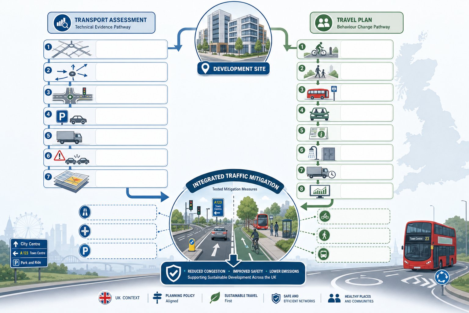 Transport assessment and travel plan paths combining into traffic mitigation strategy.