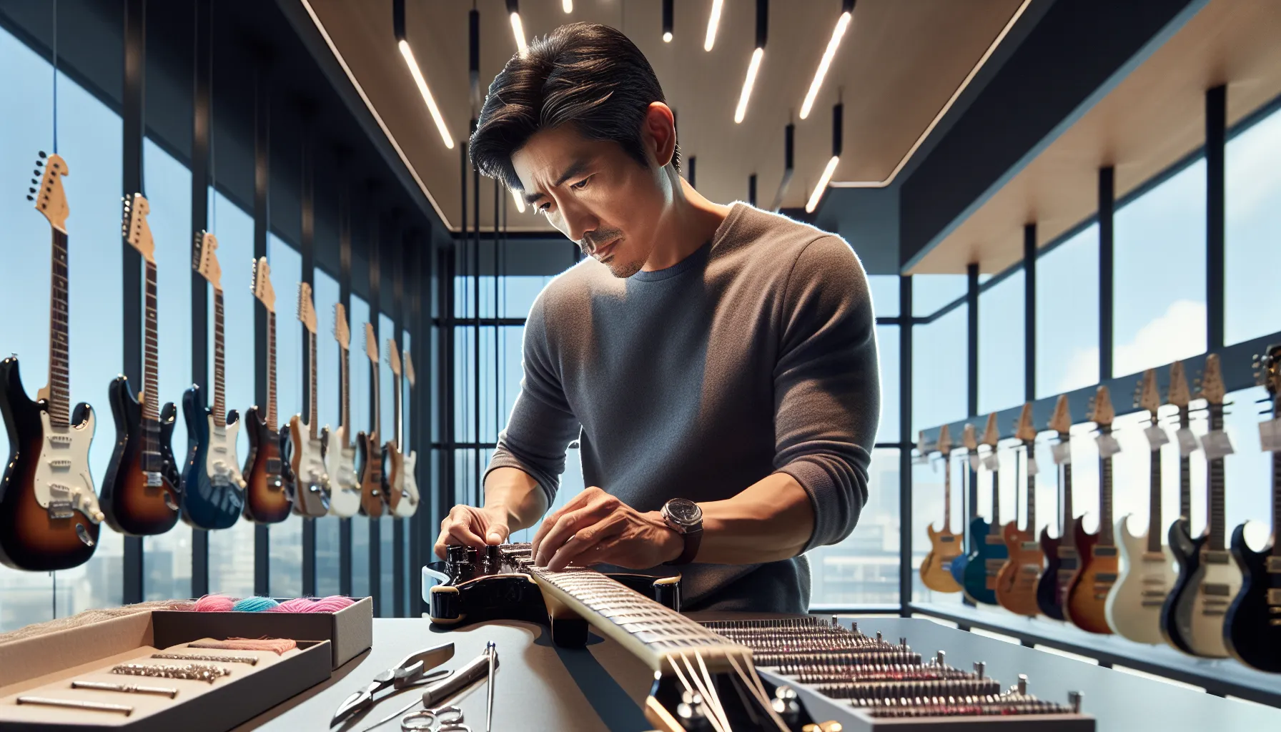 guitar technician restringing an electric guitar in a modern shop.