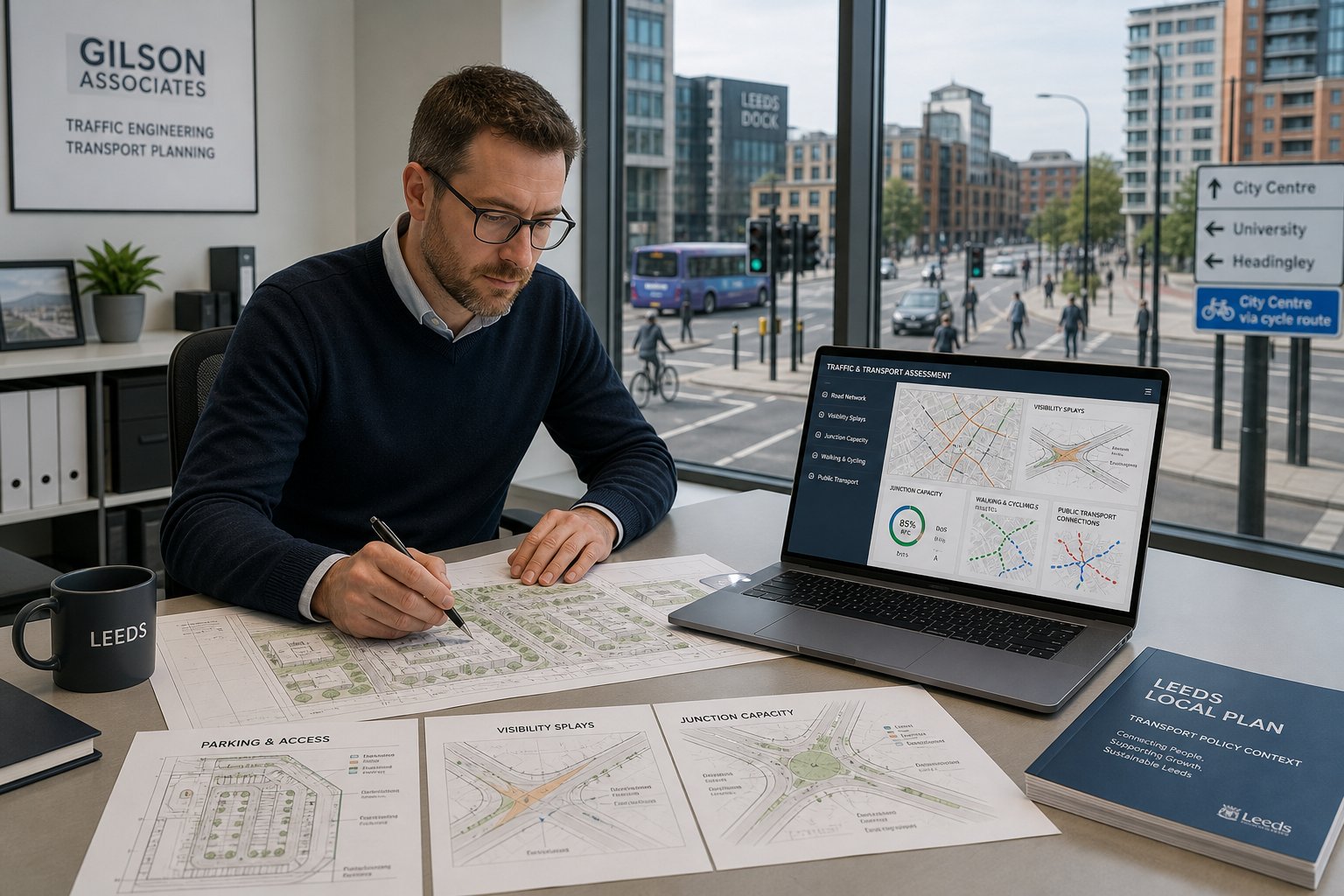 Traffic engineer reviewing transport plans in a modern Leeds office.