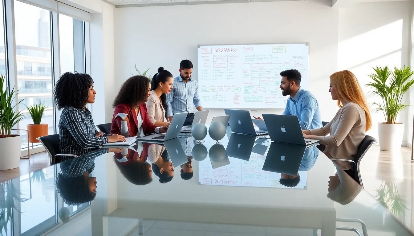diverse professionals discussing the significance of a number in a modern office.