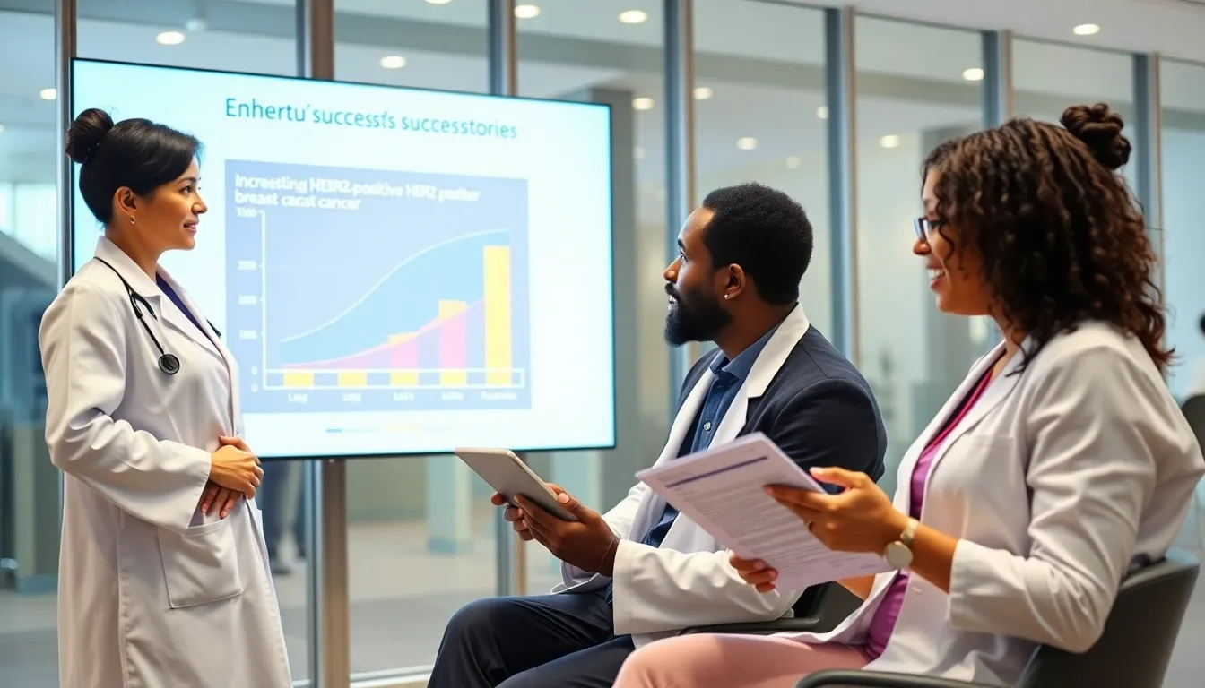 diverse oncologists discussing Enhertu&rsquo;s success in treating breast cancer.