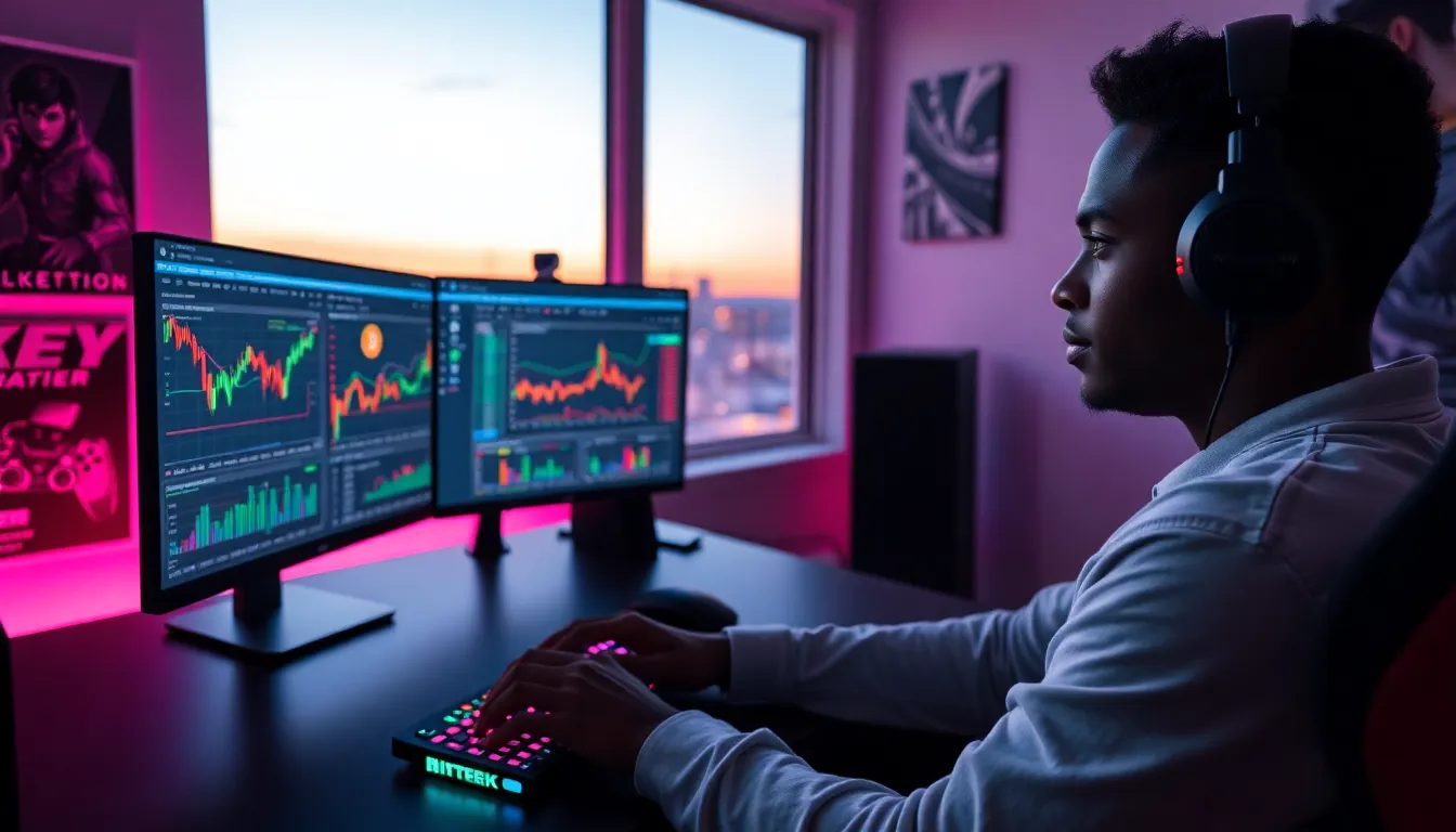 A gamer analyzing cryptocurrency platforms on dual monitors in a modern room.
